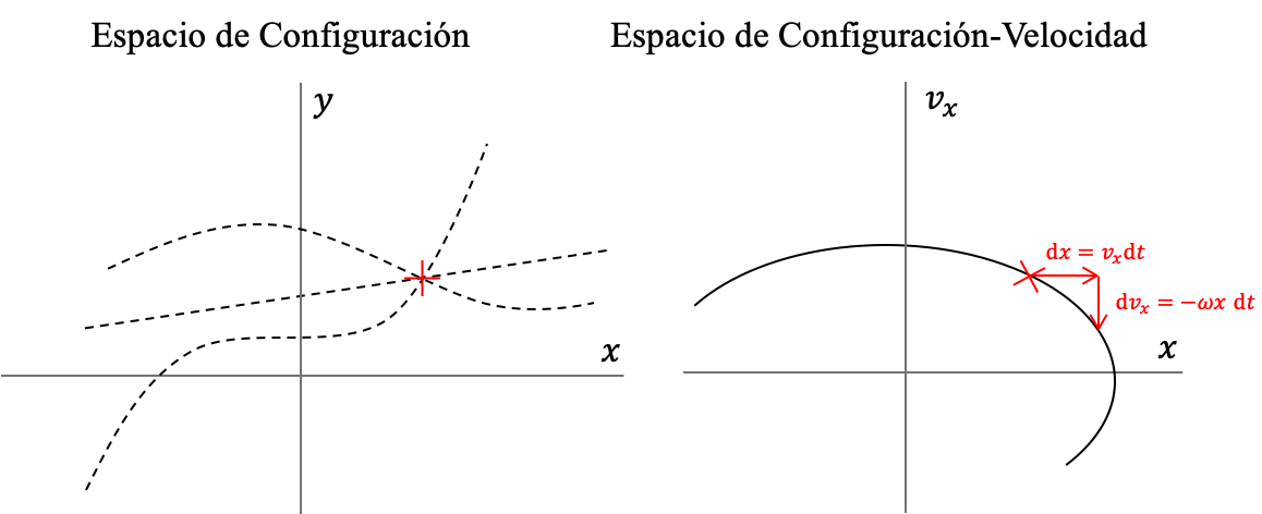 El espacio coordenado o espacio de configuración (panel de la izquierda) es degenerado: por un punto cualquier pasan en principio infinitas trayectorias posibles del sistema dinámico correspondiente.  El espacio de posición-velocidad (o espacio de fase como definiremos más adelante) no es degenerado: por un punto, una vez provistas las fuerzas, pasa una y solo una trayectoria.
