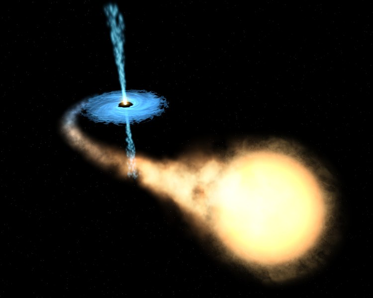 Representación artística de la transferencia de masa desde una estrella que ha llenado su lóbulo de Roche (a la derecha) tras alcanzar un estadío evolutivo tardío y un objeto compacto (compañera binaria) alrededor del cual se forma un disco de acreción (disco azul a la izquierda).  Este tipo de sistemas puede emitir abundante rayos X lo que permite que la presencia del compañero invisible sea detectadas.