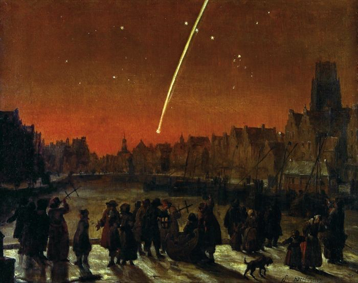 Pintura del holandés Lieve Verschuier que muestra la apariencia del gran cometa de 1680, llamado también el cometa de Newton.  Crédito: Museo de Rotterdam.