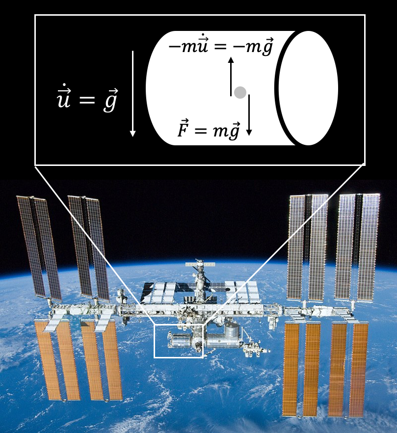 Explicación de la experiencia de ingravidez en el interior de un vehículo espacial, en este caso un módulo de la Estación Espacial Internacional.  El módulo corresponde a un sistema de referencia no inercial con una aceleración $